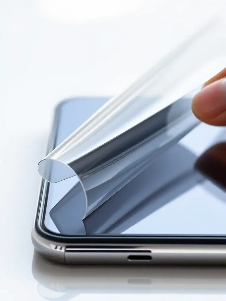 A close-up shot of a transparent PET label being smoothly peeled off a high-end smartphone screen, leaving no residue. The focus is on the label's clarity and the pristine surface underneath, showcasing its ultra-low viscosity and residue-free removal.
