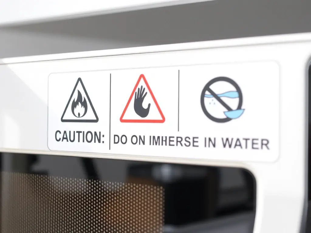 A close-up shot of a safety warning label on a microwave, highlighting symbols for 'Caution: Hot Surface' and 'Do Not Immerse in Water, ' with clear, bold text and universally recognized icons.