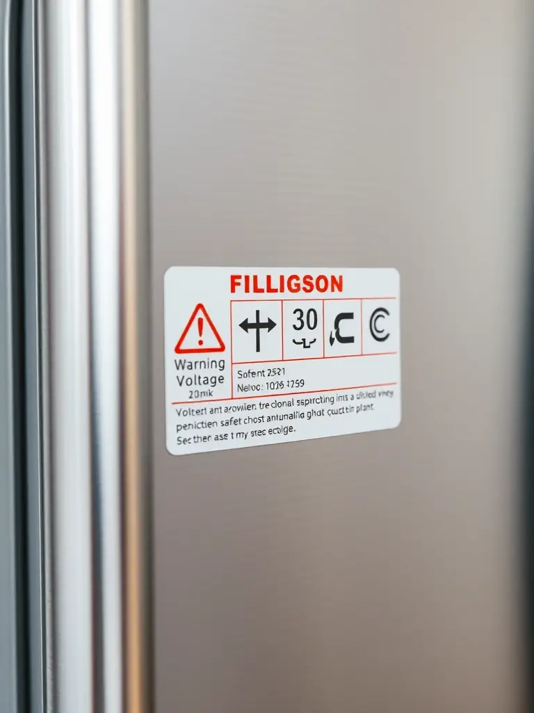 A warning label on a refrigerator, clearly displaying voltage parameters and safety precautions. The label is prominently placed to alert users to potential hazards.