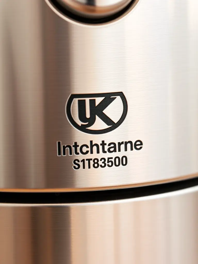 A close-up of a brand nameplate on a small kitchen appliance, showcasing the manufacturer's logo and product model. The nameplate is elegantly designed and prominently displayed.