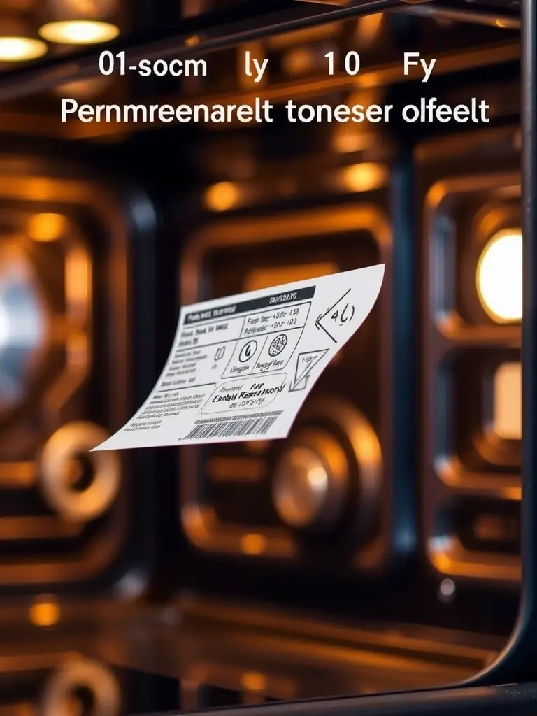 A high-resolution image of a permanent transfer label applied to the inside of an oven door, clearly displaying product information even after prolonged exposure to high temperatures. The label's strong adhesion and print quality are highlighted.