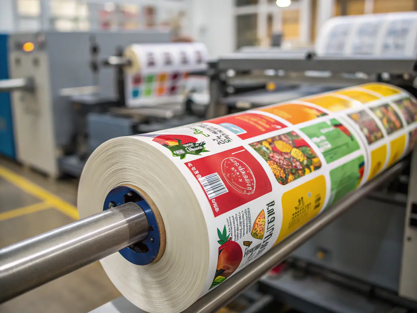 A high-quality printed label roll being produced on a modern printing machine, showcasing the precision and quality of Yourslabel's printing services.