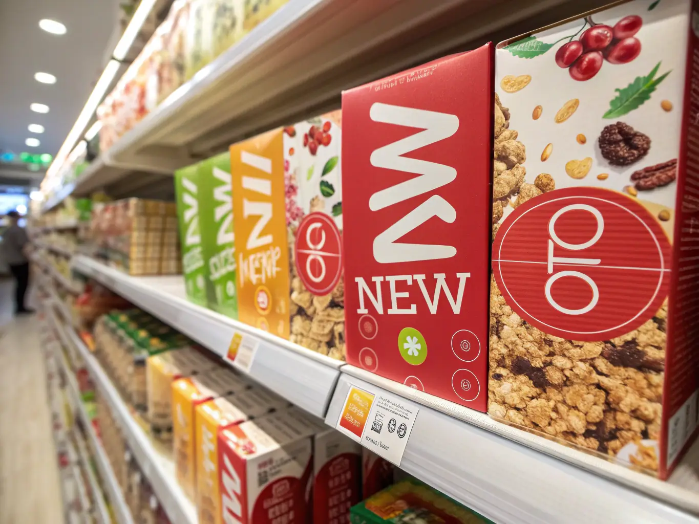A close-up shot of various food products on a supermarket shelf, each featuring a vibrant and informative label. The labels should highlight nutritional information, branding, and regulatory compliance details.