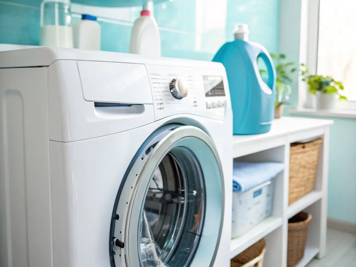 An image of a washing machine control panel with operation and maintenance labels indicating wash cycles, temperature settings, and fabric types, using clear symbols and concise instructions.