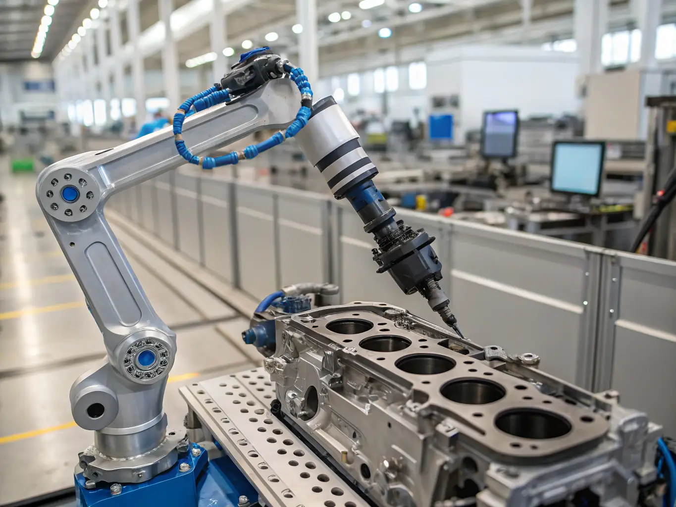 A high-angle shot of a modern automotive assembly line, focusing on a robotic arm applying a label to a car engine. The label should be clearly visible and appear durable, emphasizing its resistance to heat and oil.