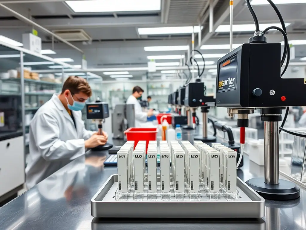 A visual representation of chemical solvent resistant labels being tested by immersing them in various chemical solutions in a laboratory setting. The labels show no signs of degradation or fading.